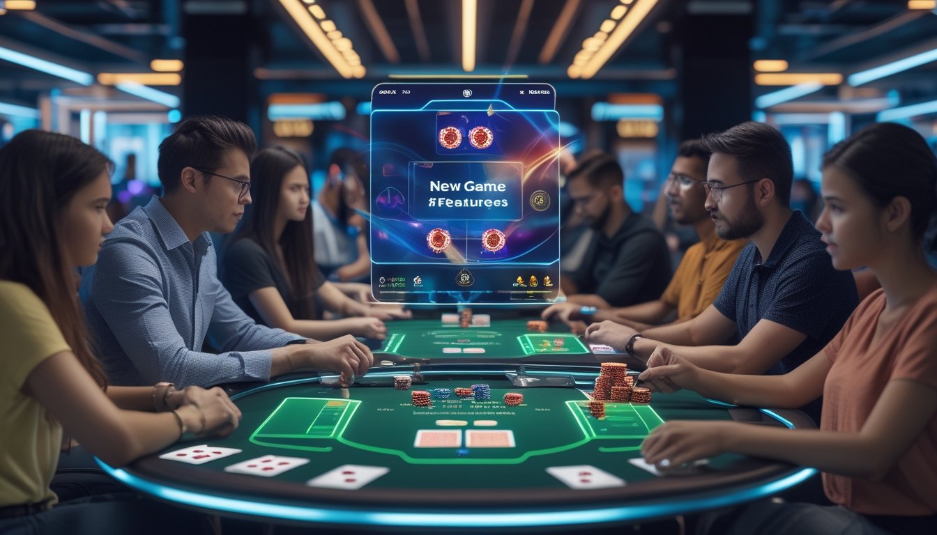 Beberapa orang bermain poker Texas Hold'em secara online di meja digital futuristik dengan antarmuka permainan modern dan fitur baru.