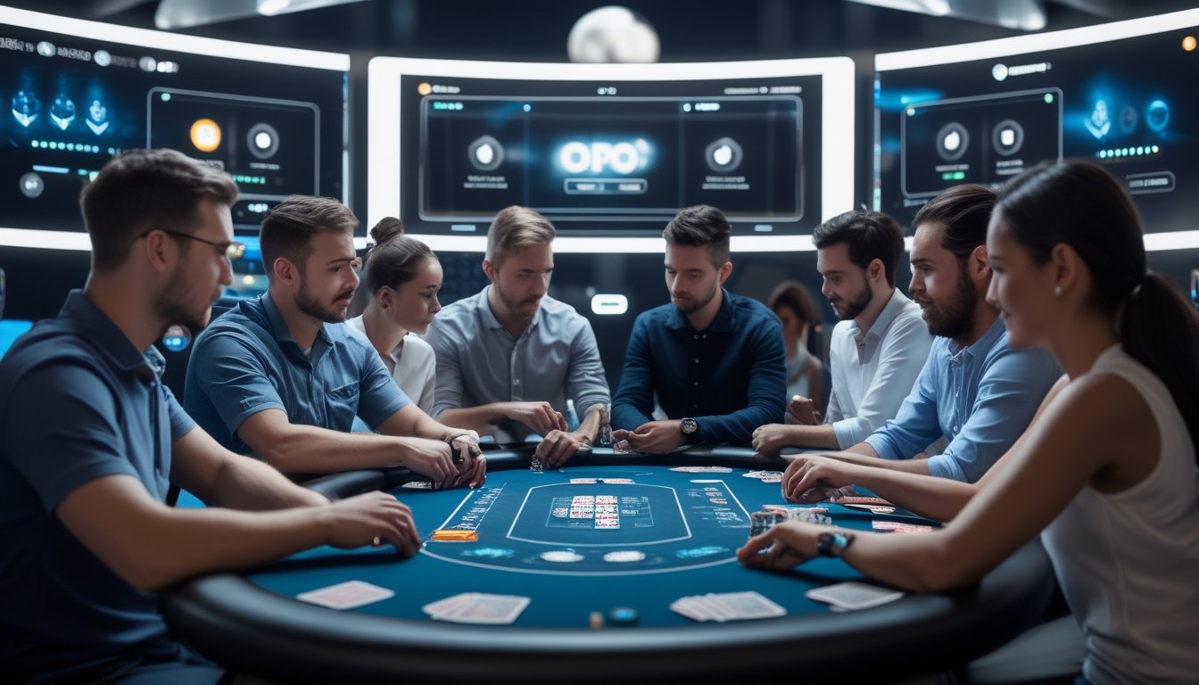 Sekelompok pemain poker online sedang bermain Texas Hold'em di meja virtual dengan layar digital dan elemen futuristik.