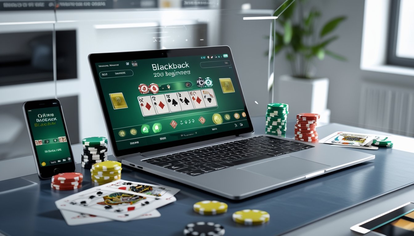 Seorang pemula belajar strategi dasar blackjack online menggunakan laptop dan smartphone di meja kerja yang rapi dengan kartu dan chip poker.