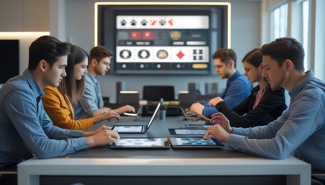 Beberapa orang muda sedang bermain blackjack online menggunakan komputer dan perangkat digital di ruangan modern.