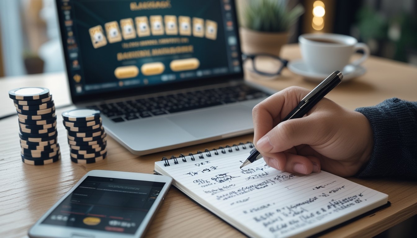 Meja kerja dengan laptop menampilkan permainan blackjack, tumpukan chip poker, kalkulator, dan tangan seseorang yang memegang pena di atas buku catatan.