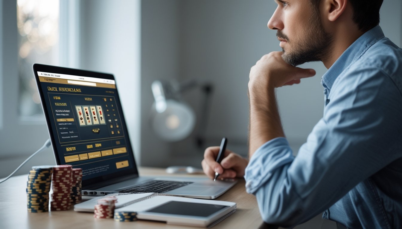 Seorang pemain duduk di meja dengan laptop yang menampilkan permainan blackjack online, tumpukan chip poker, dan buku catatan di sampingnya.