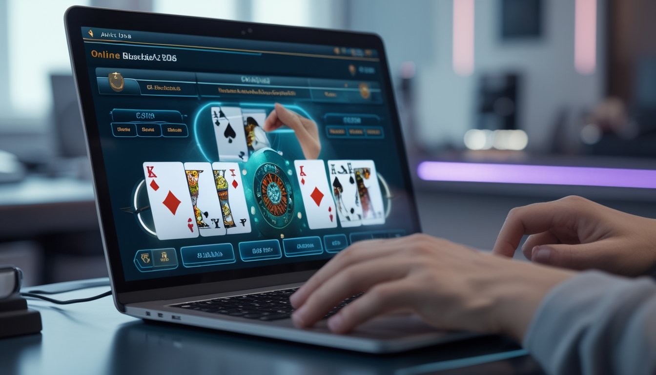 Seseorang sedang bermain blackjack online di laptop dengan kartu dan layar permainan terlihat jelas.