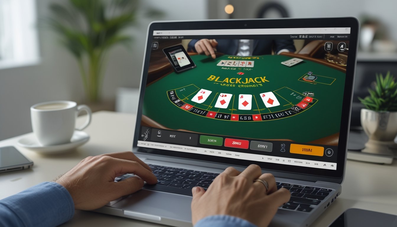 Seorang pemain sedang bermain blackjack online di laptop di ruang tamu yang terang dengan kartu dan pilihan hit atau stand terlihat di layar.