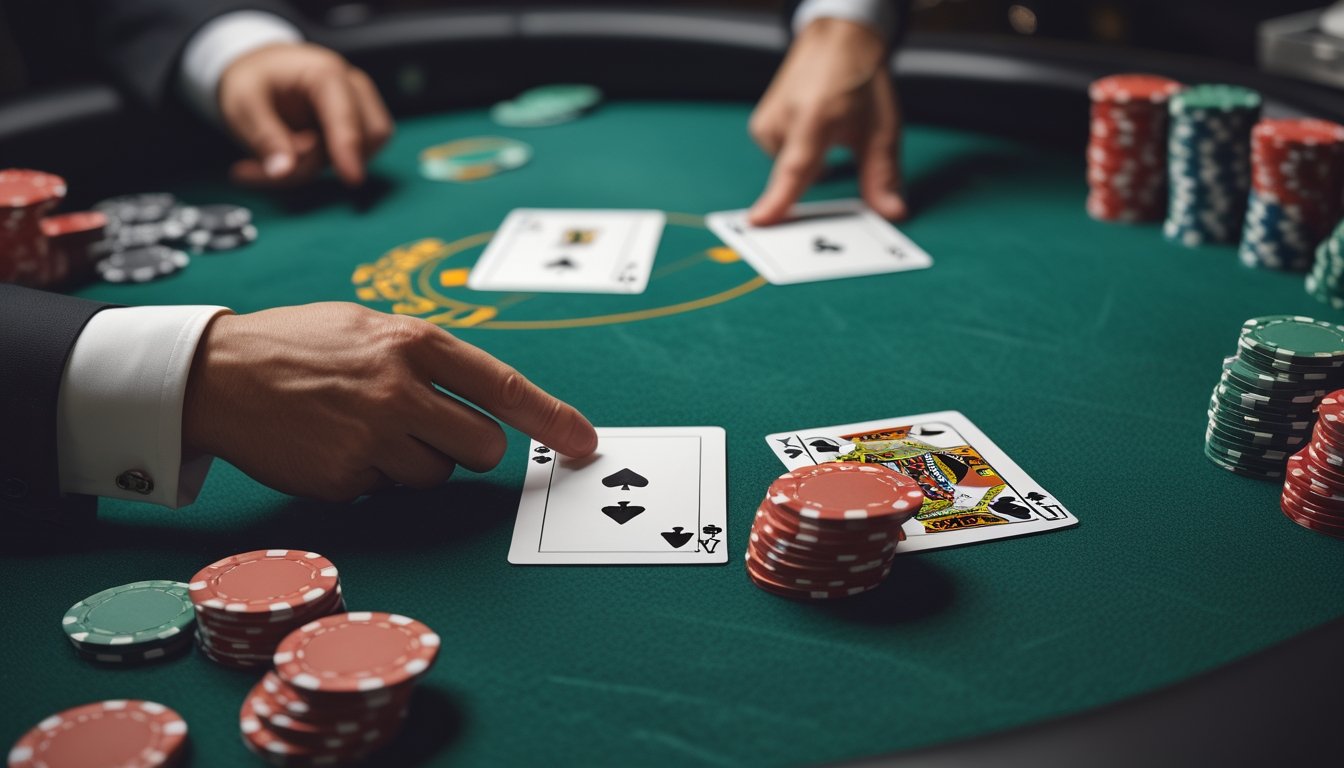 Tangan pemain sedang membagi sepasang kartu di meja blackjack dengan tumpukan chip dan tangan dealer di latar belakang.