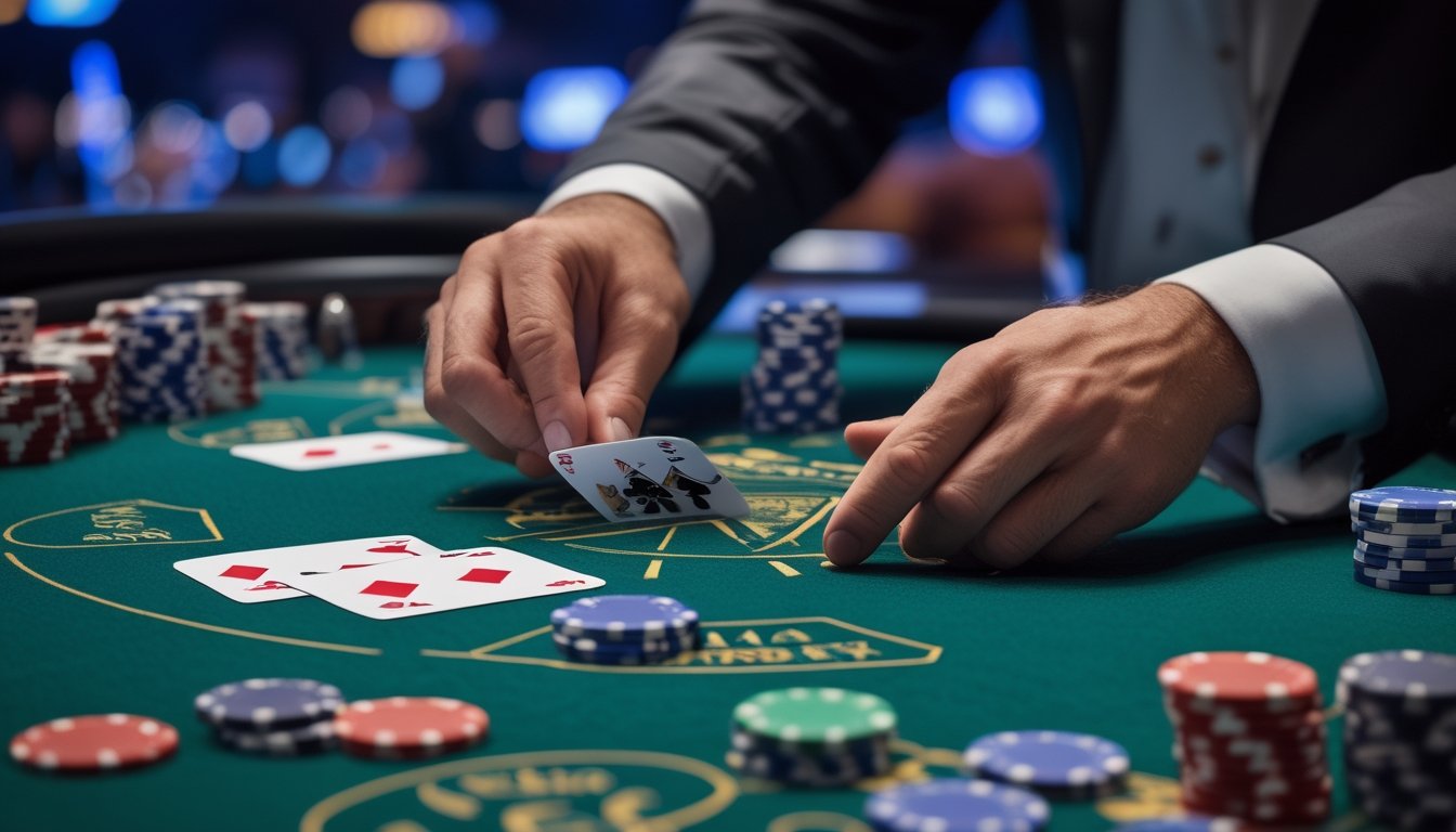 Tangan dealer sedang membagi pasangan kartu di meja blackjack dengan tumpukan chip dan kartu lainnya di sekitar.