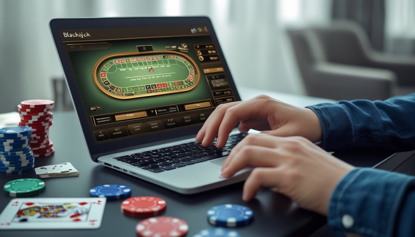 Seorang pemain duduk di depan laptop yang menampilkan permainan blackjack online dengan tangan yang ragu-ragu di atas keyboard, di meja terdapat chip poker dan kartu remi.
