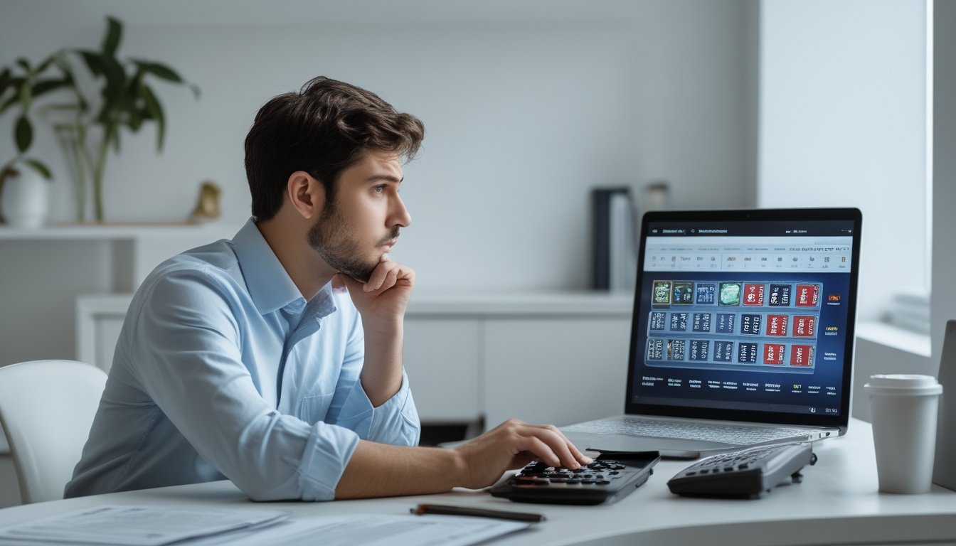 Seorang pria muda duduk di meja kerja dengan laptop yang menampilkan permainan blackjack online, di sekitarnya terdapat dokumen keuangan dan kalkulator, menunjukkan suasana berpikir tentang risiko finansial.