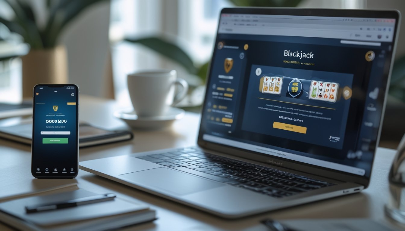 Seorang pengguna sedang bermain blackjack online di komputer dengan ponsel yang menampilkan notifikasi bonus deposit di meja kerja yang rapi.