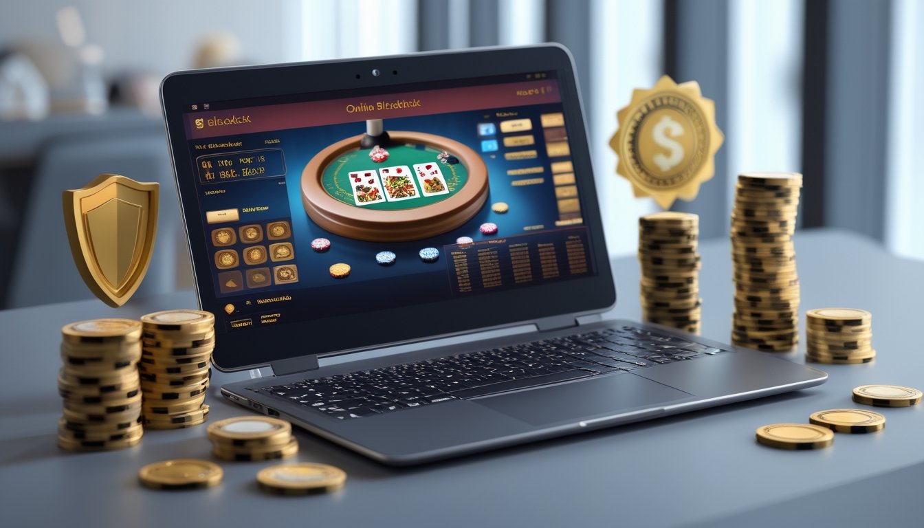 Sebuah meja dengan komputer menampilkan permainan blackjack online, dikelilingi oleh tumpukan chip poker dan simbol keamanan.