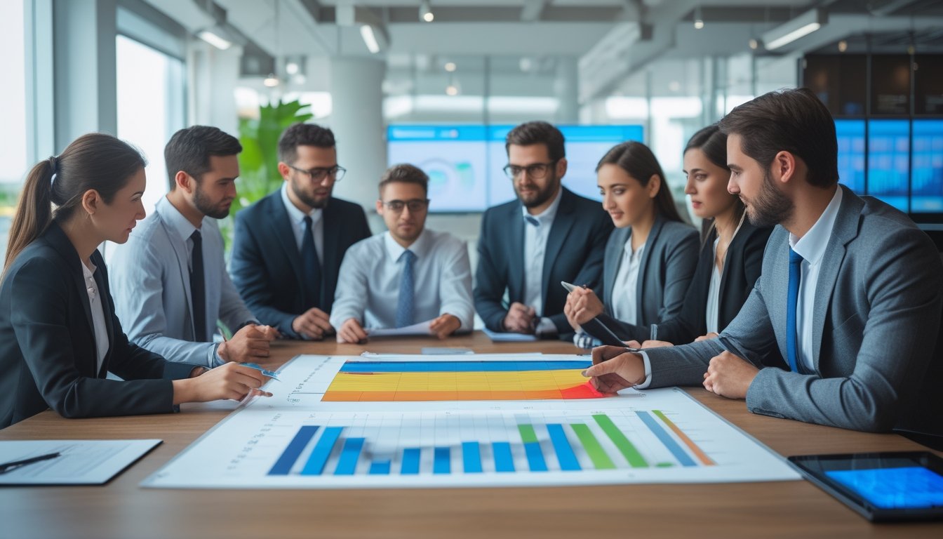 Sekelompok profesional bisnis sedang berdiskusi di sekitar meja dengan grafik strategi di depan mereka dalam ruangan kantor yang terang.