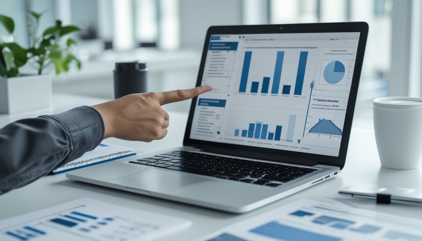 Seseorang menunjuk ke grafik strategi pada layar laptop di meja kerja dengan dokumen dan alat tulis di sekitarnya.