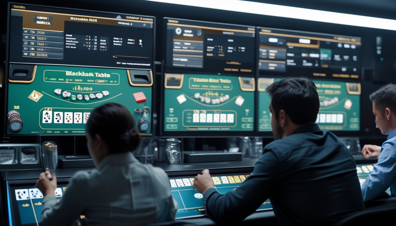 Beberapa orang sedang bermain blackjack online dengan layar komputer menampilkan berbagai variasi aturan dari kasino berbeda.