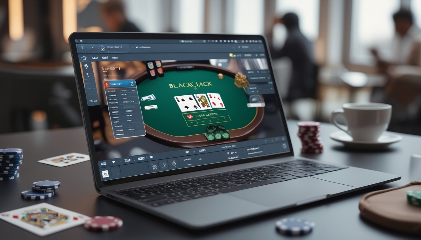 Layar perangkat digital menampilkan permainan blackjack virtual dengan kartu dan chip, dikelilingi oleh elemen yang mewakili berbagai kasino online.