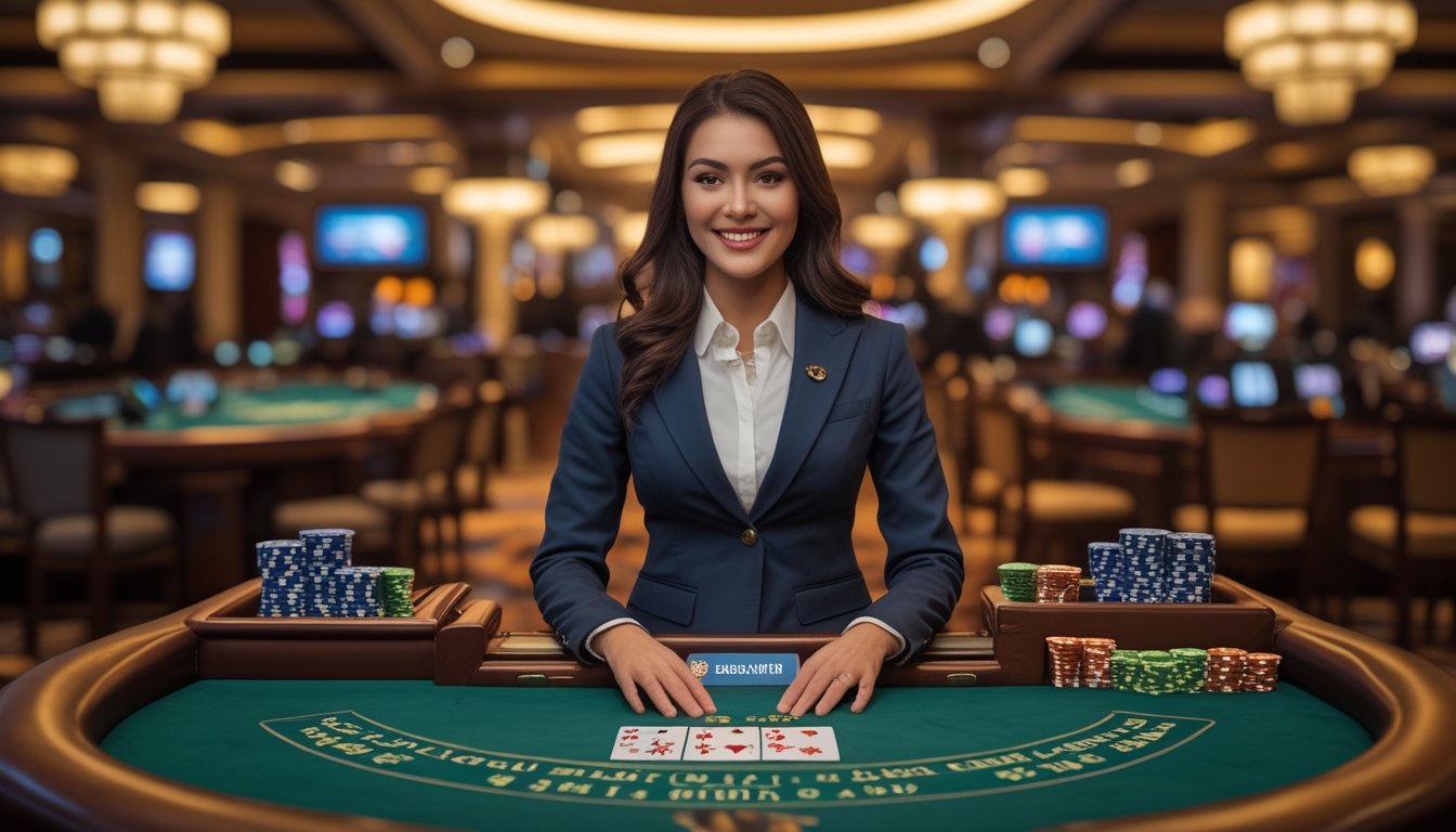 Seorang dealer wanita tersenyum di meja blackjack hijau dengan kartu dan chip, latar belakang suasana kasino mewah.