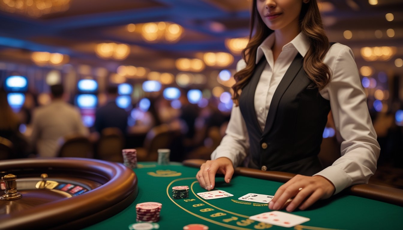 Seorang dealer wanita sedang membagikan kartu di meja blackjack dengan pemain memperhatikan di latar belakang kasino.