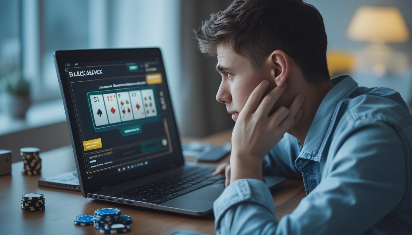 Seorang pria muda duduk di depan laptop bermain blackjack online dengan ekspresi fokus dan sedikit cemas.