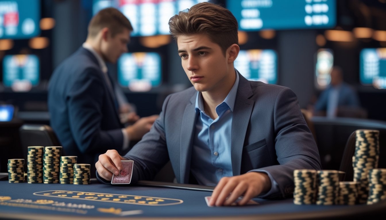 Seorang pemain blackjack muda tampak serius duduk di meja blackjack dengan dealer yang sedang membagikan kartu di kasino modern.