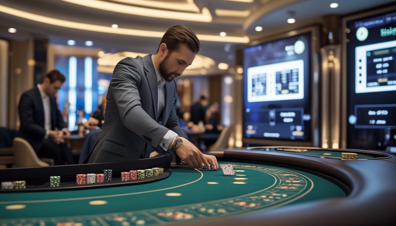 Seorang pemain di meja Baccarat mengelola chip dan kartu dengan latar belakang suasana kasino modern.