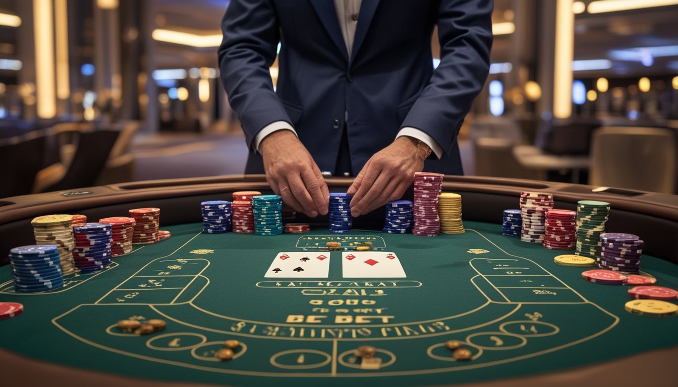 Seorang pemain kasino yang berpakaian rapi sedang mengatur tumpukan chip di meja baccarat dengan kartu dan area taruhan sampingan terlihat jelas.