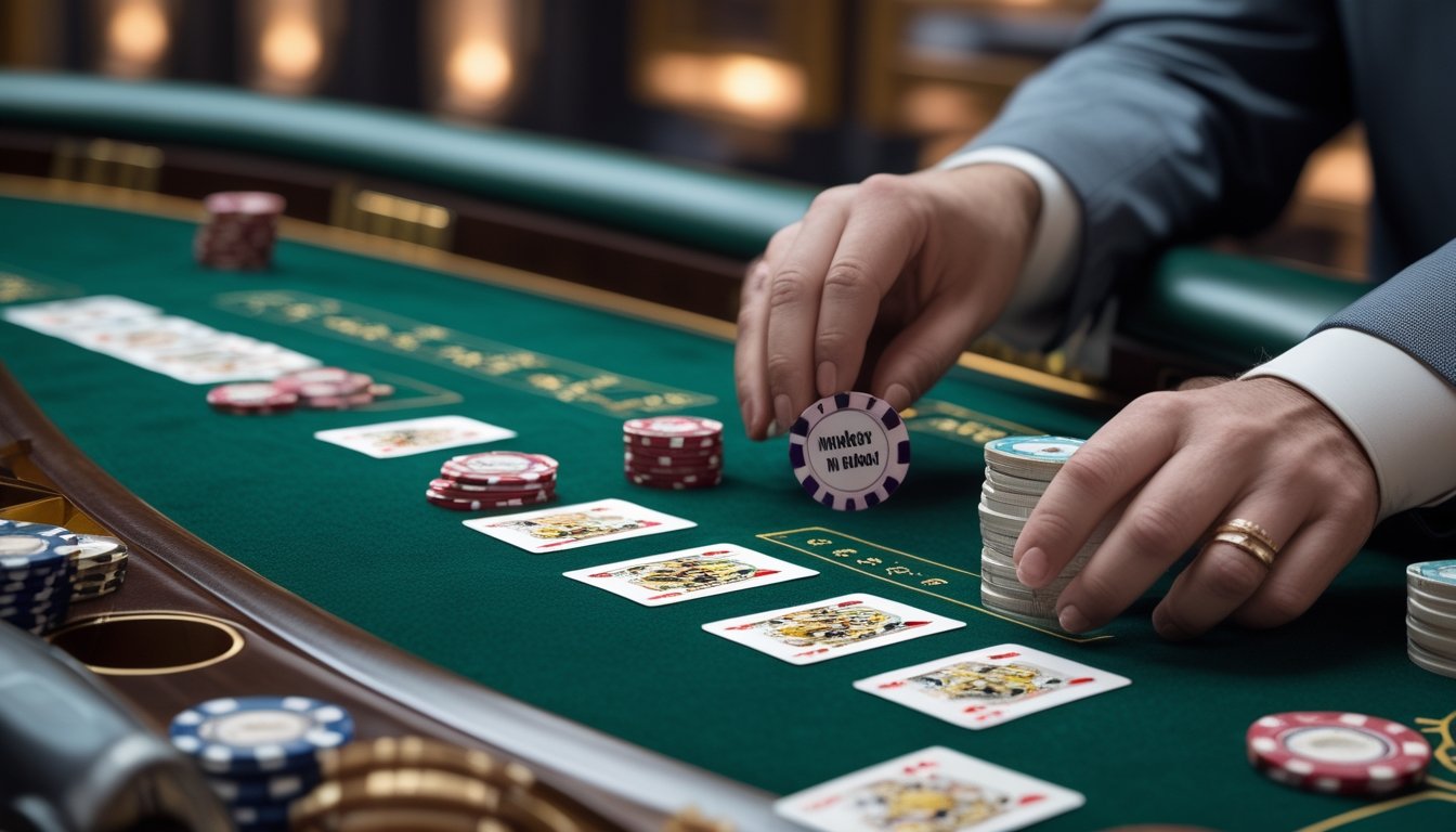Meja kasino dengan kartu Baccarat dan chip taruhan, tangan pemain sedang meletakkan chip taruhan sampingan.