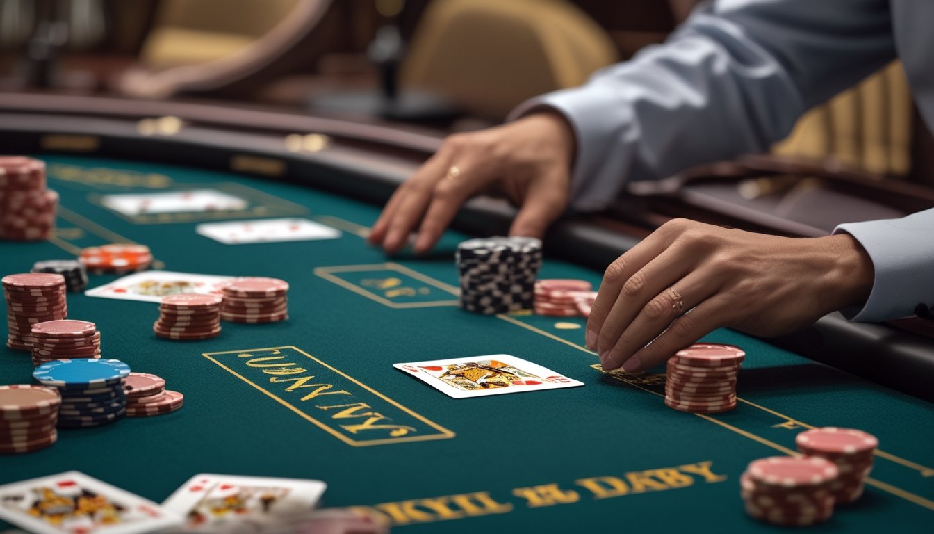 Meja baccarat dengan kartu dan chip taruhan di kasino, menampilkan suasana permainan judi yang intens.