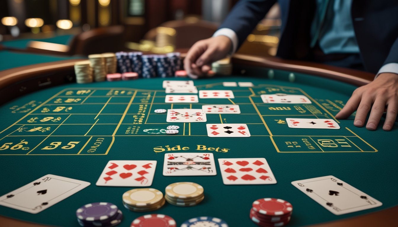 Meja Baccarat dengan kartu dan chip yang tersusun rapi, menampilkan suasana kasino yang profesional dan fokus pada permainan.