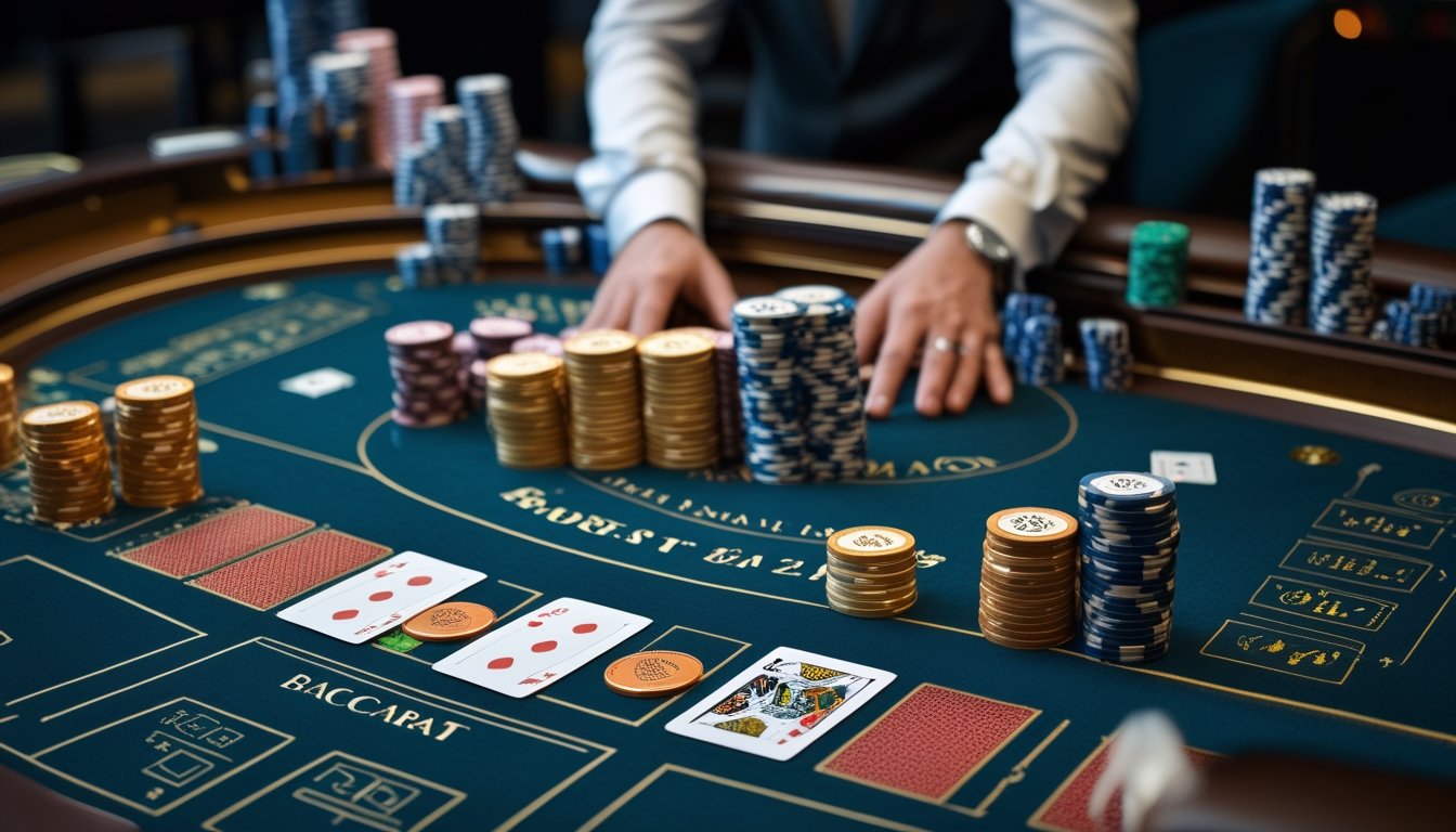 Meja baccarat di kasino dengan kartu dan tumpukan chip, serta dealer yang mengatur permainan.