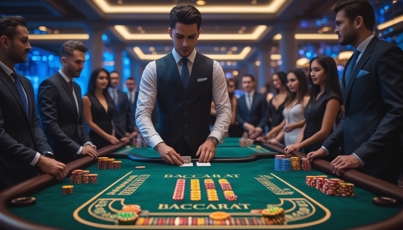 Seorang dealer live baccarat sedang membagikan kartu di meja baccarat dengan pemain yang memperhatikan di kasino mewah.