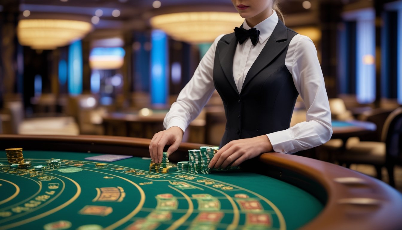 Seorang dealer wanita sedang membagikan kartu di meja baccarat di dalam kasino mewah dengan suasana yang profesional dan elegan.