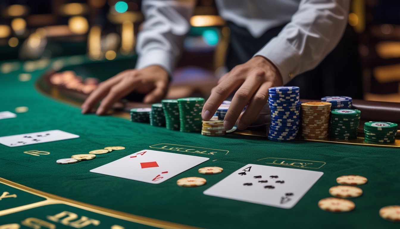 Meja baccarat dengan kartu dan chip taruhan sampingan Lucky 6 dan Lucky 7 di kasino.