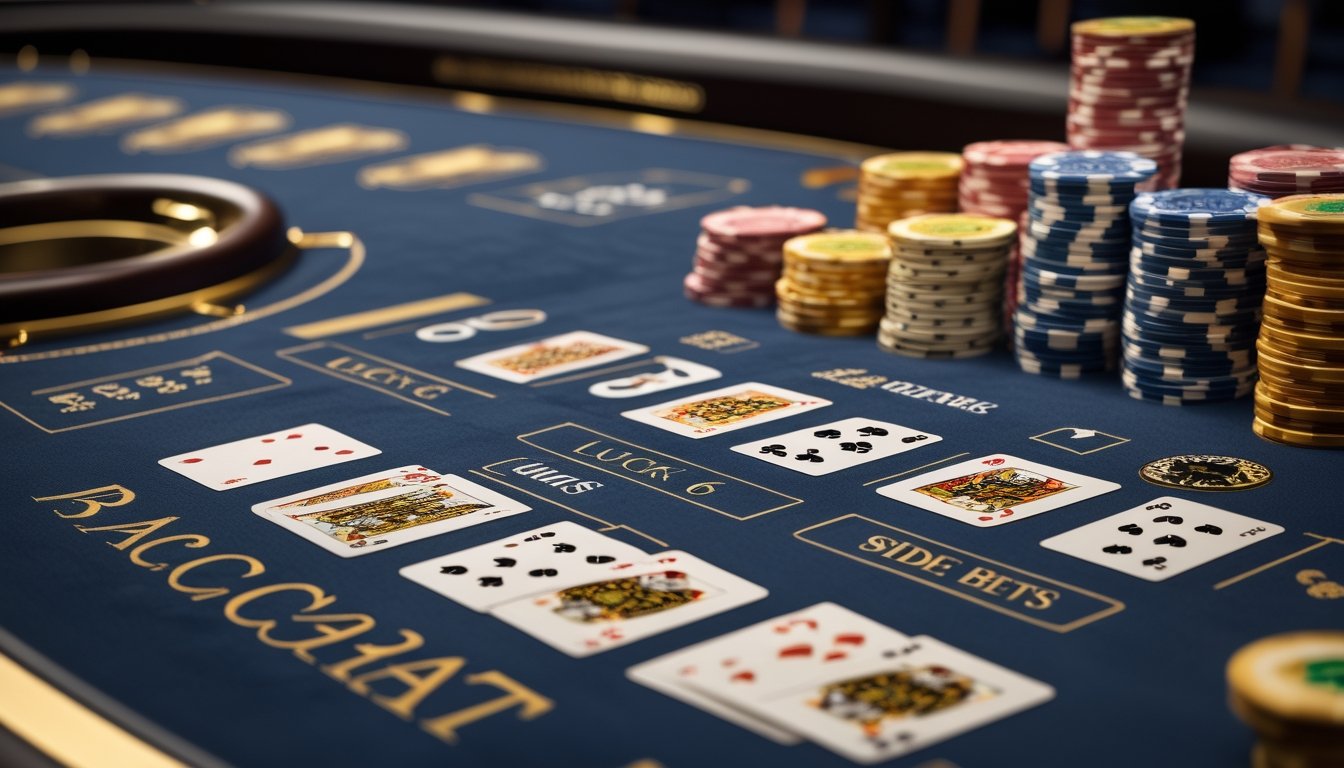 Pemandangan dekat meja permainan baccarat dengan kartu dan tumpukan chip taruhan di kasino.