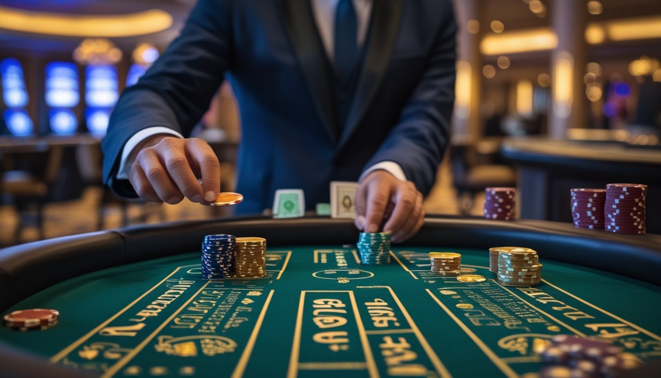 Meja baccarat di kasino dengan tangan dealer menaruh chip pada taruhan utama dan taruhan sampingan.