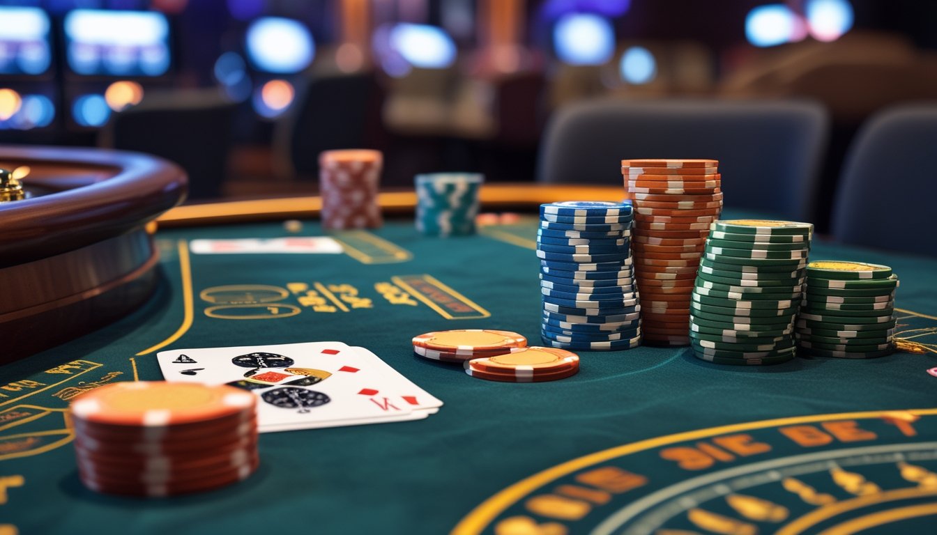 Meja kasino dengan tumpukan chip dan kartu baccarat yang menunjukkan perbedaan antara taruhan utama dan side bet.