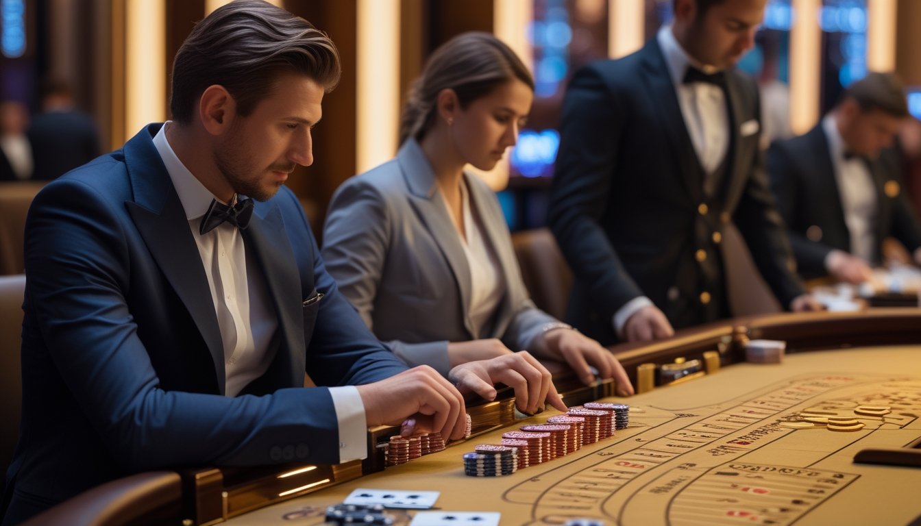 Seorang pemain di meja baccarat di kasino dengan tumpukan chip dan kartu, fokus pada permainan dan taruhan sampingan.
