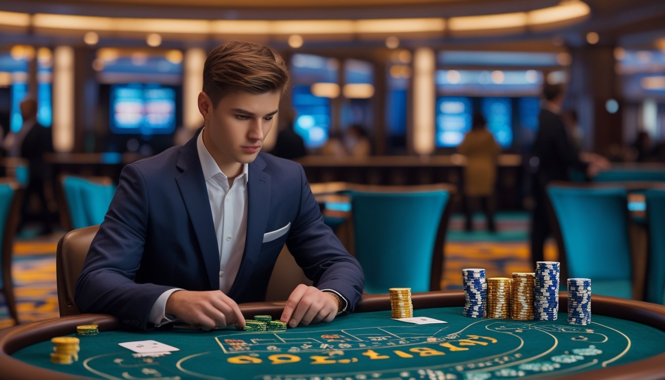 Seorang pemain muda sedang fokus bermain baccarat di meja kasino dengan chip taruhan dan kartu di depan mereka.