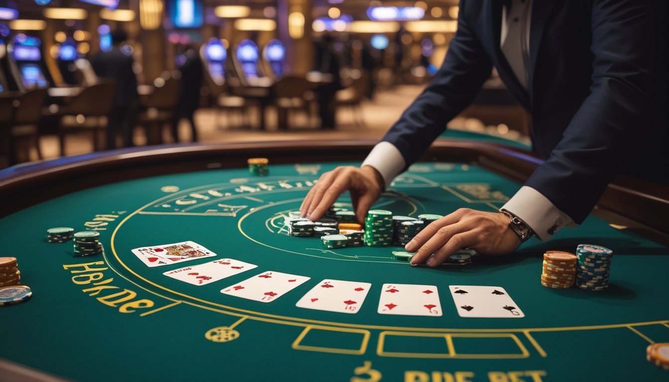 Meja baccarat di kasino Macau dengan kartu dan chip taruhan tersusun rapi, memperlihatkan area taruhan sampingan untuk 4, 5, dan 6 kartu.