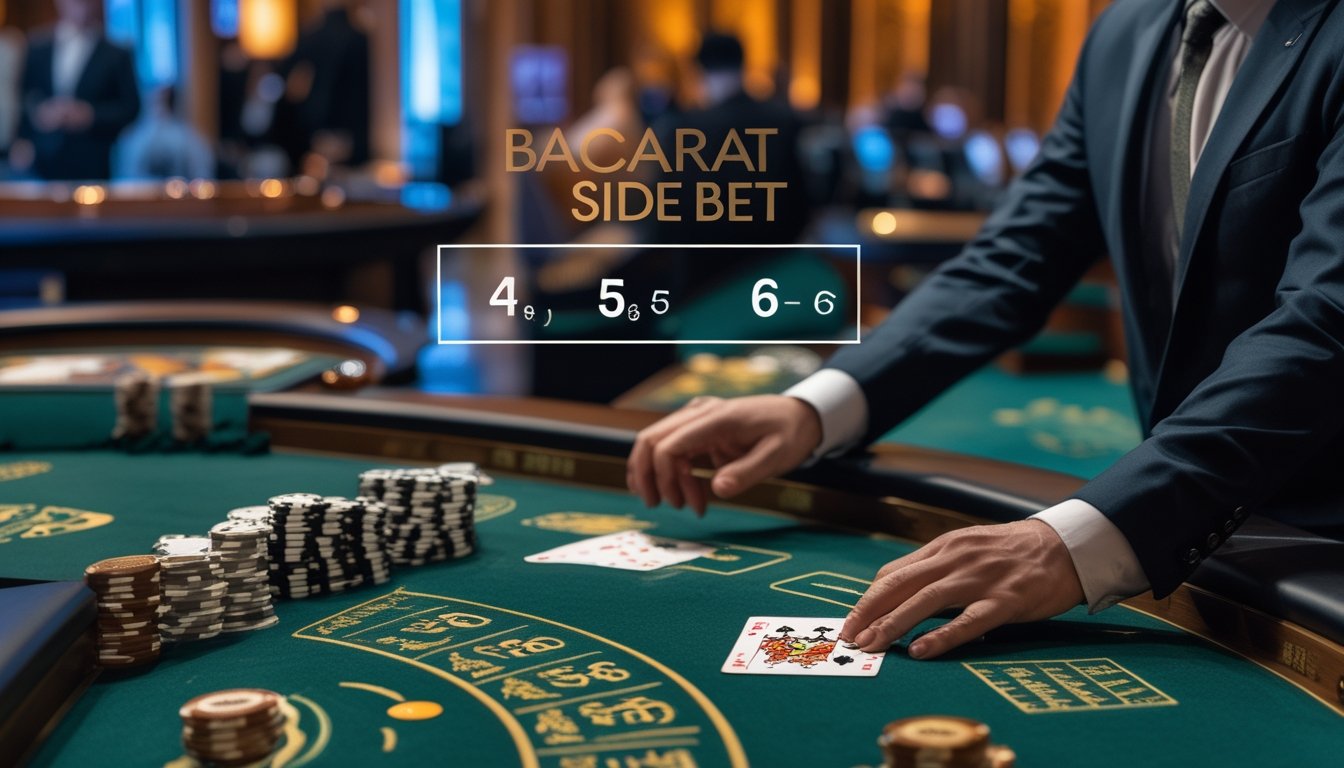 Meja baccarat mewah dengan kartu dan chip taruhan sampingan 4, 5, dan 6 kartu di kasino Macau.