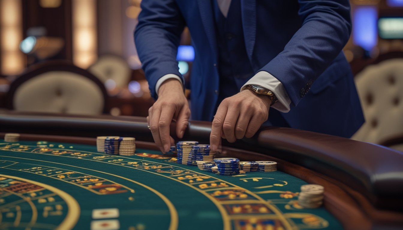 Seorang pemain berjudi di meja baccarat dengan suasana kasino mewah, sedang memasang taruhan pada permainan Super 6 Baccarat.