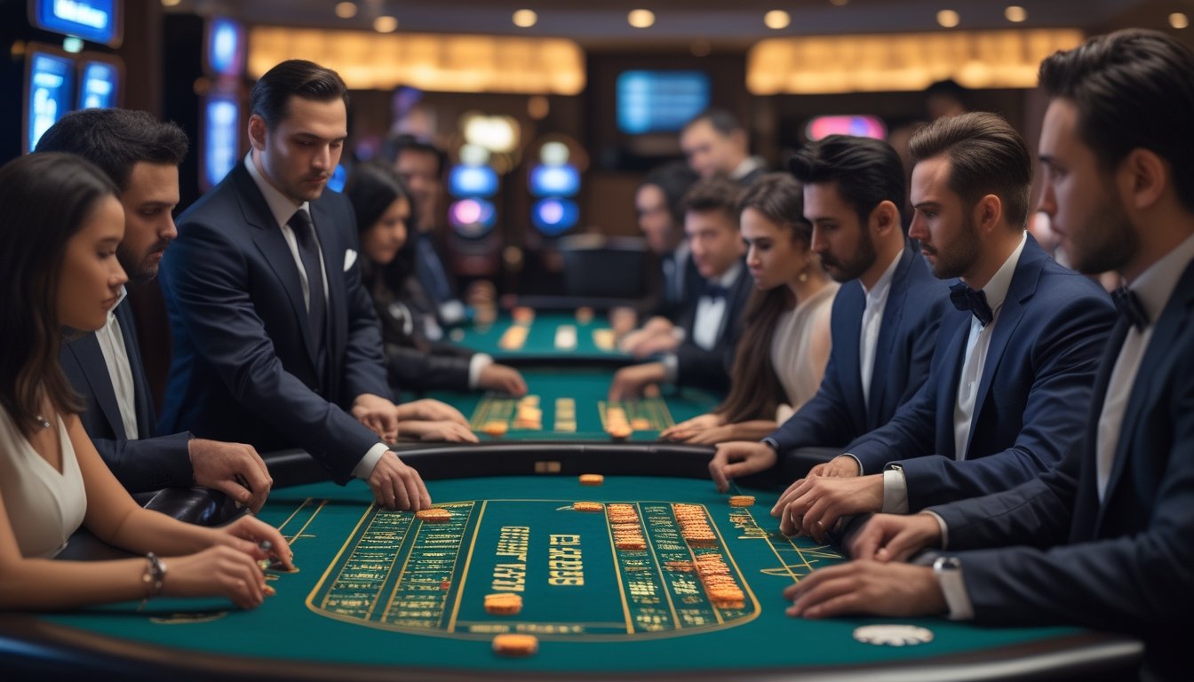 Seorang dealer dan pemain yang berpakaian rapi sedang bermain Super 6 Baccarat di meja kasino dengan kartu dan chip, menunjukkan suasana permainan yang serius dan fokus.