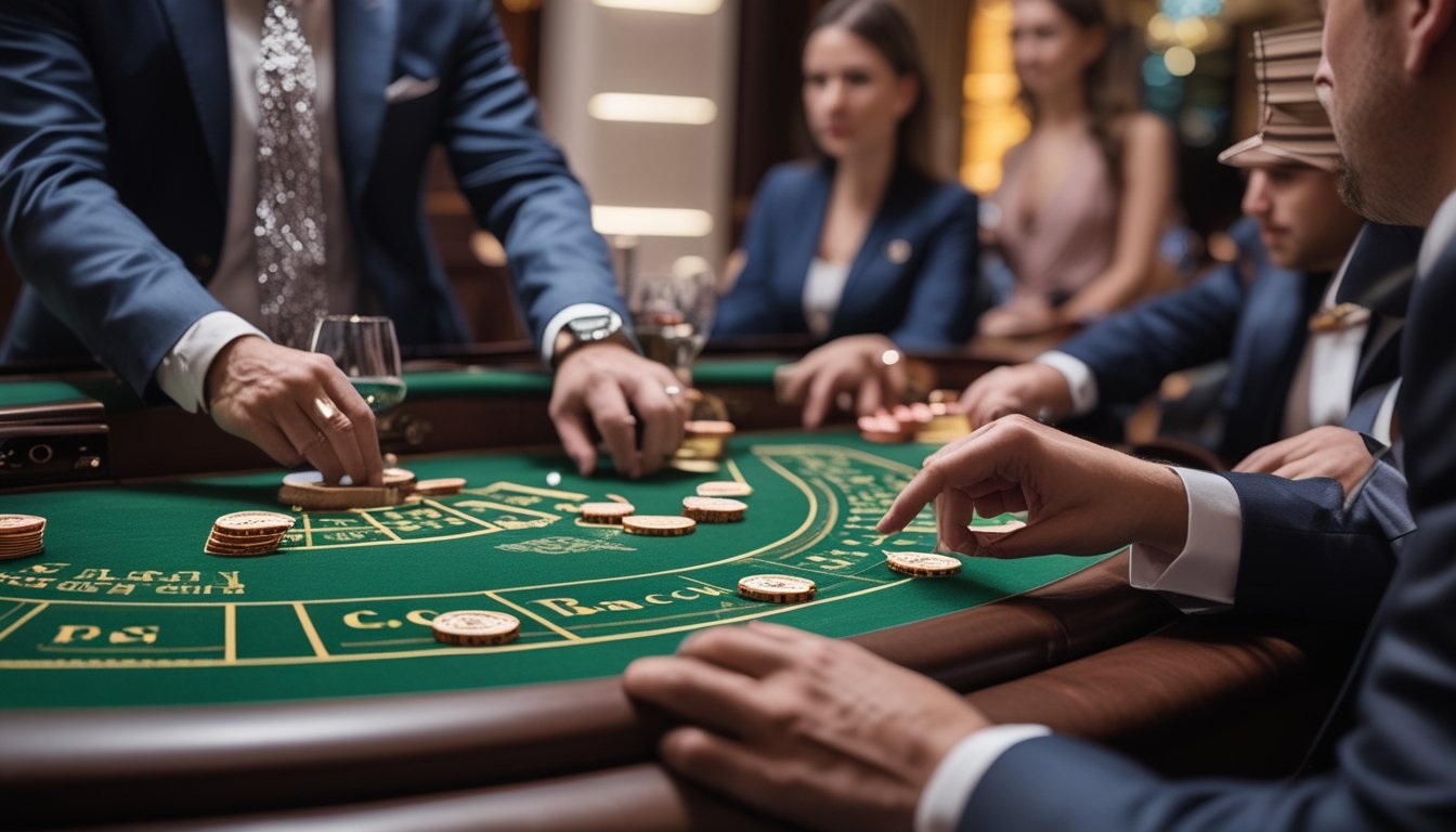 Suasana meja Baccarat di kasino dengan pemain berpakaian rapi sedang mempertimbangkan taruhan mereka.