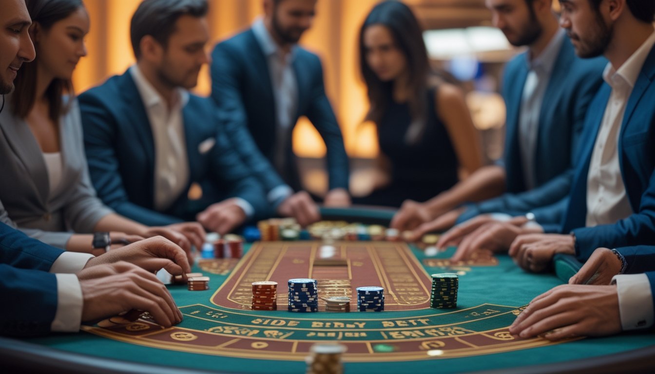 Meja kasino dengan permainan baccarat dan beberapa orang sedang memperhatikan kartu dan taruhan di sekitarnya.