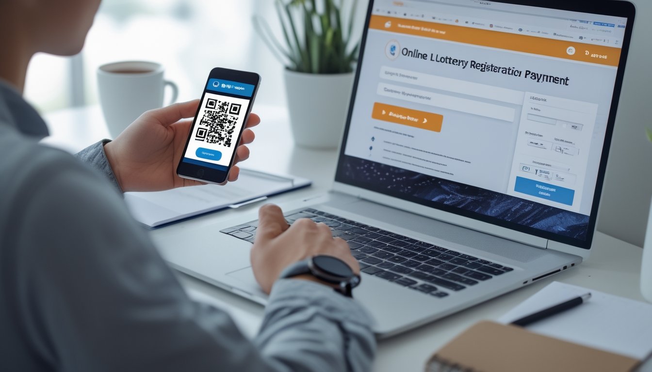 Seseorang menggunakan ponsel dengan kode QR untuk pembayaran QRIS di depan laptop yang menampilkan formulir pendaftaran online di meja kerja yang rapi.