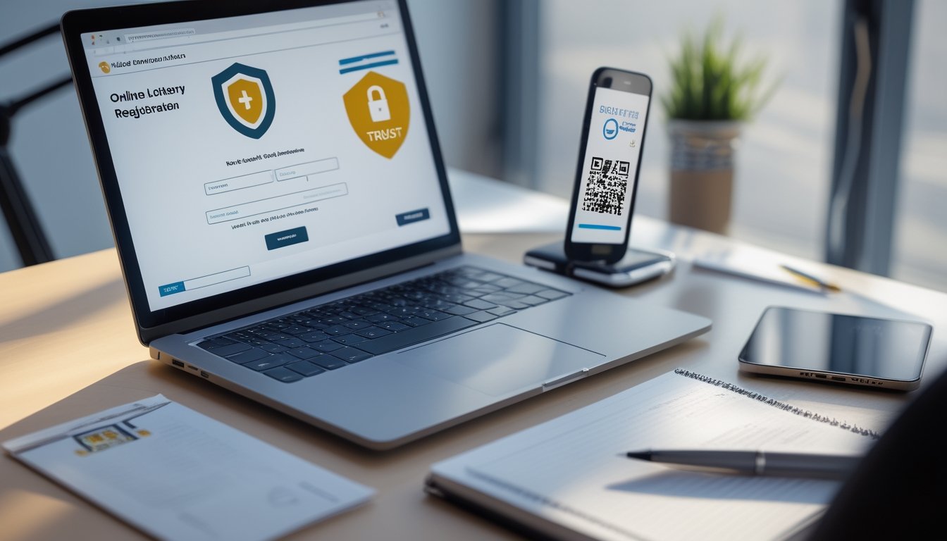 Meja kerja dengan laptop yang menampilkan formulir pendaftaran online, ponsel dengan kode QR untuk pembayaran, dan alat tulis di sampingnya.