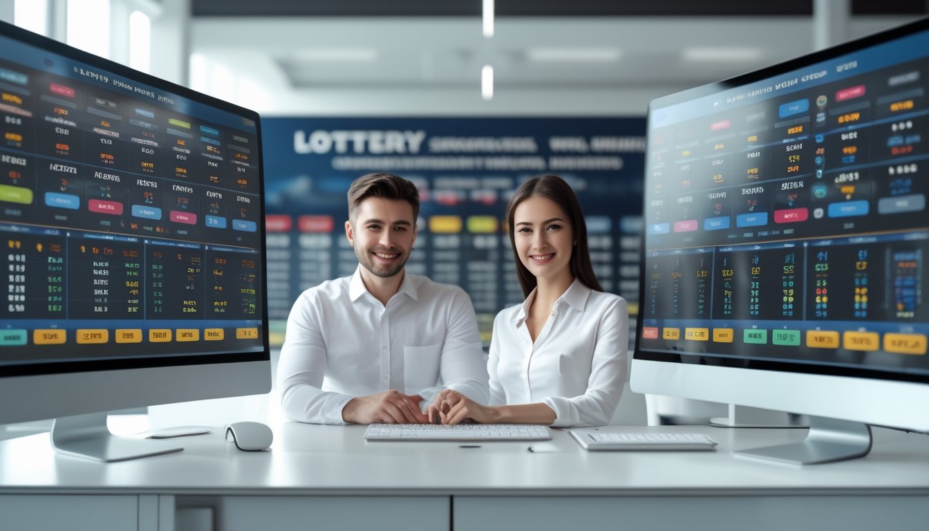 Dua orang profesional duduk di depan komputer dengan tampilan grafik dan angka togel di layar dalam ruangan kantor yang terang dan modern.
