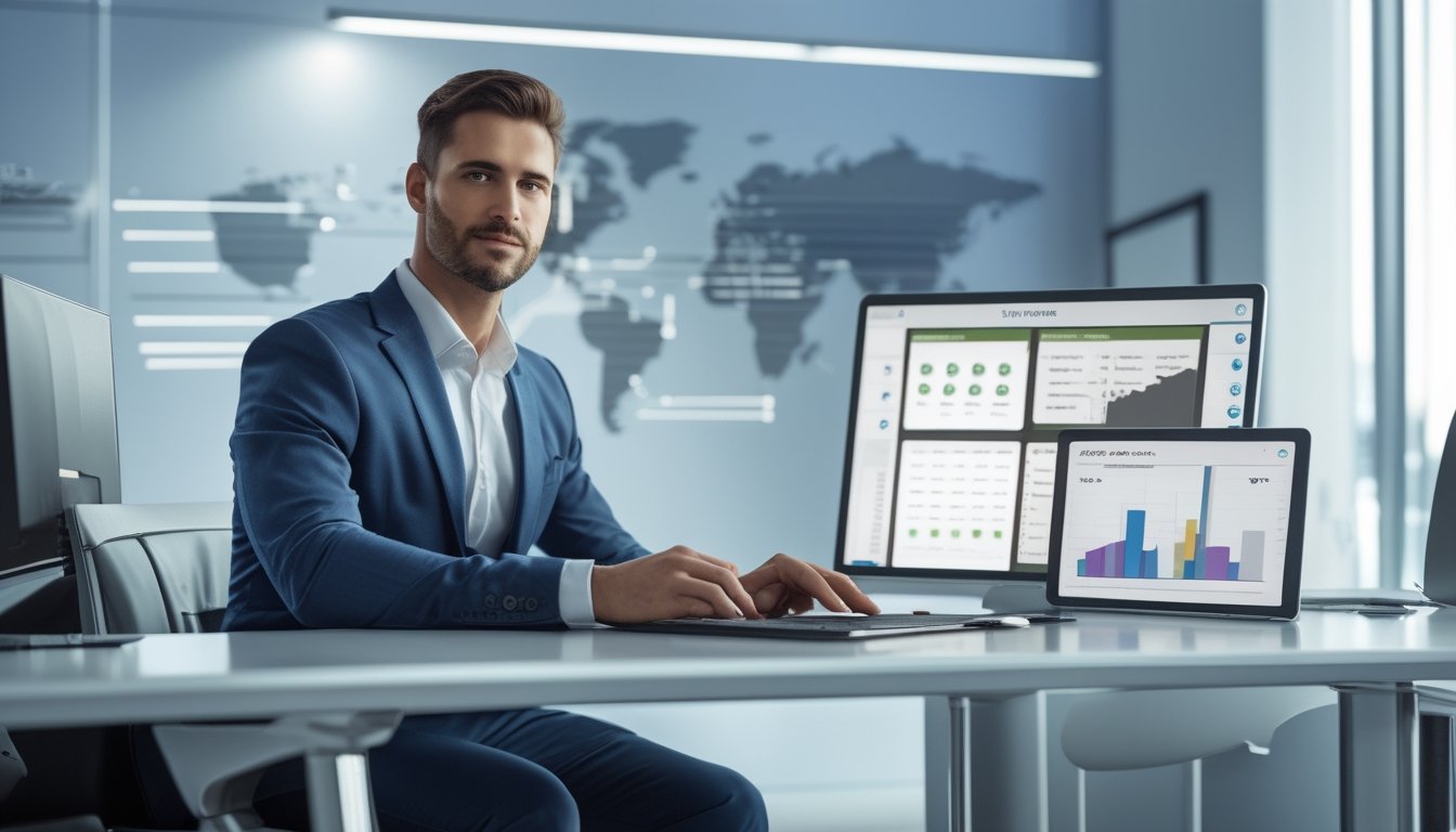 Seorang profesional sedang bekerja di kantor modern dengan perangkat digital yang menampilkan grafik dan angka terkait togel.