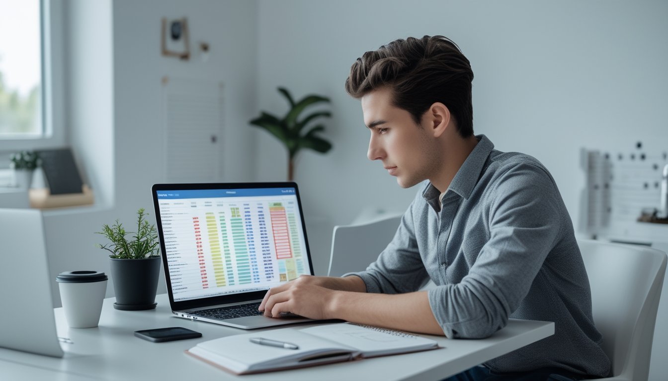 Seorang pemuda duduk di meja kerja dengan laptop terbuka, menganalisis data permainan togel online di ruang kerja yang terang dan rapi.