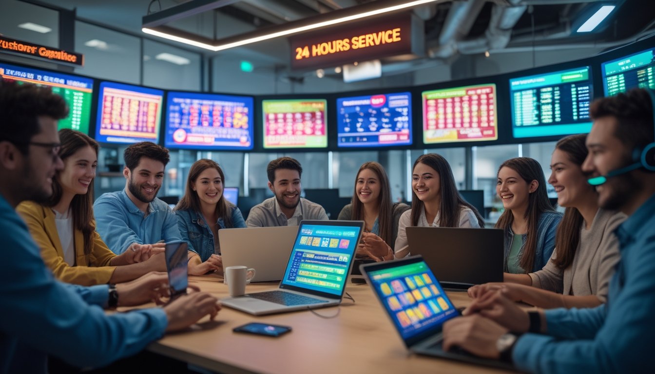 Orang-orang muda sedang menggunakan laptop dan ponsel di kantor modern dengan layar digital menampilkan angka togel, serta agen layanan pelanggan dengan headset di latar belakang.