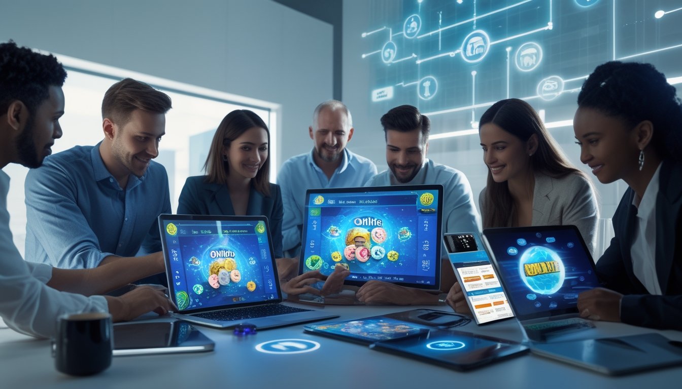 Beberapa orang menggunakan perangkat elektronik dengan tampilan grafik togel dan fitur layanan chat cepat di lingkungan modern.