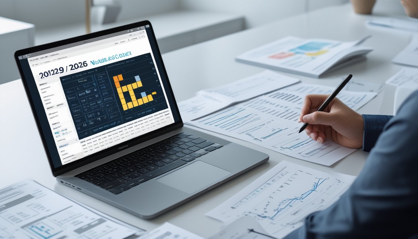 Seorang profesional sedang menganalisis data angka dan grafik di meja kerja dengan laptop dan dokumen di kantor modern.